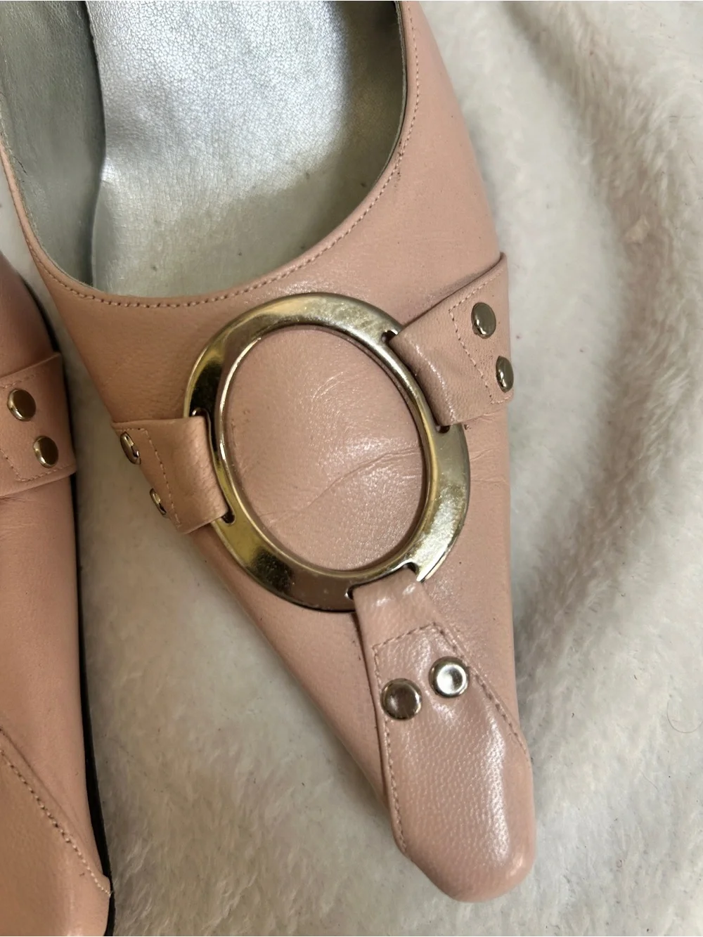 Nique Blush Pink Pointed Leather Heels with Gold Ring Accent